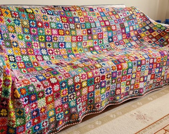 Crochet Afghan Blanket, Granny Square Bedspread Throw, Patchwork Knitted sofa blanket, large crochet blanket, vintage blanket, retro blanket