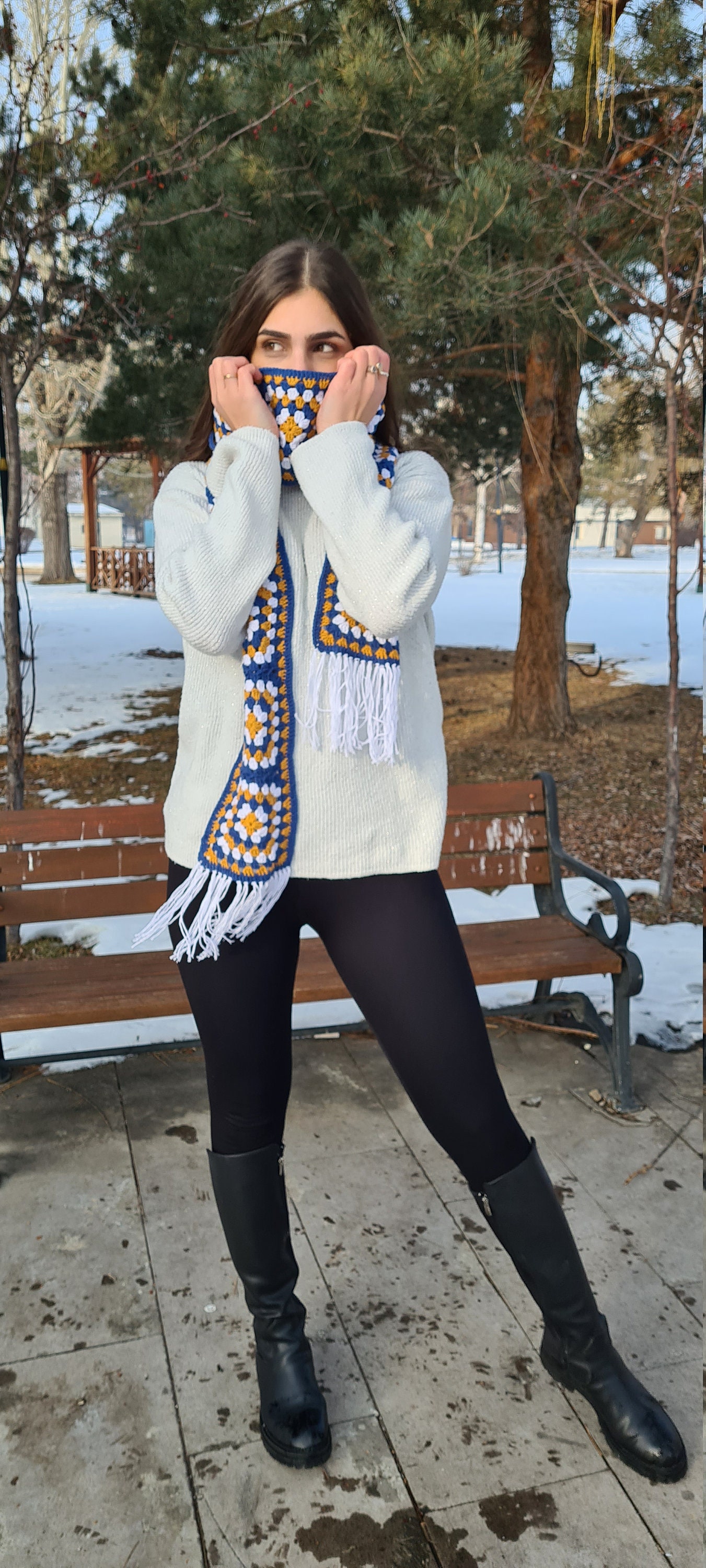 Granny Square Blue Scarf Crochet Scarf Crochet White Scarf - Etsy
