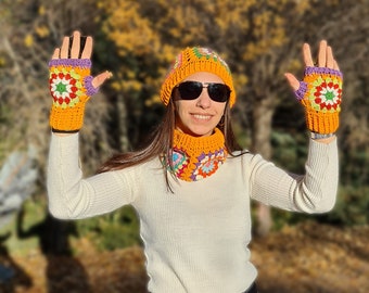 Orange Knitted Winter Accesory Set, Handmade Knit Beanie, Grannysquare Gloves, Multicolor Collar, Crochet Accesory Crochet