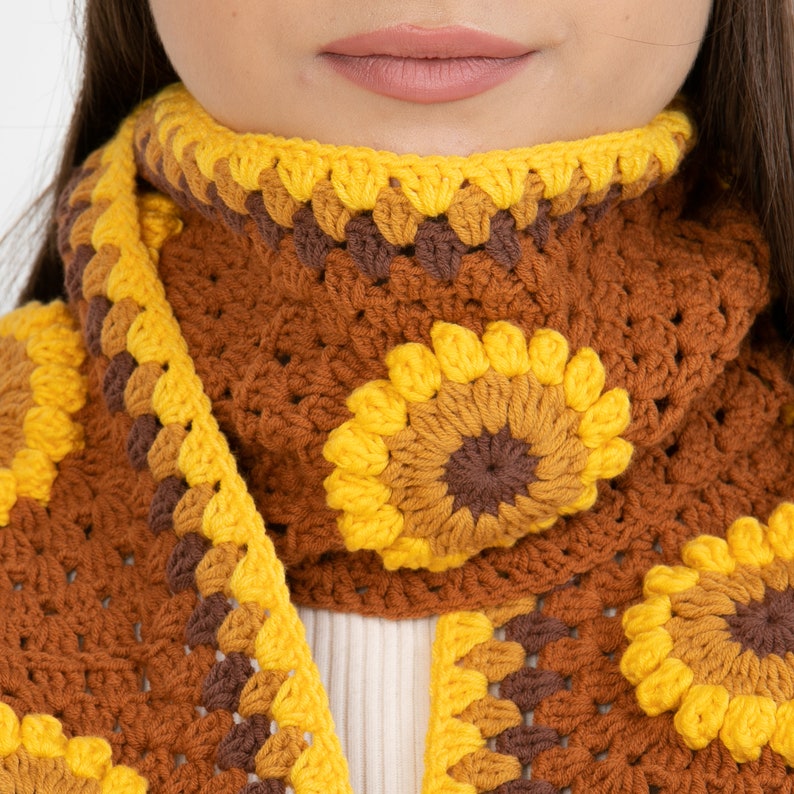 Orange Sunflower Winter Set, Hand Knit Beanie, Crochet Woman Scarf, Granny Square Scarf, crochet flower scarf, Knit Afghan Scarf image 8