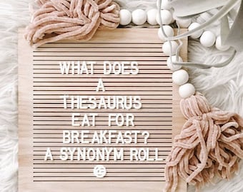 May include: A wooden letter board with the text "WHAT DOES A THESAURUS EAT FOR BREAKFAST? A SYNONYM ROLL." The board is decorated with pink tassels and white wooden beads. The background is a fluffy white surface.