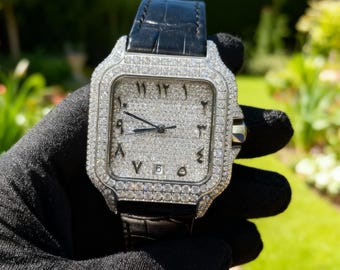 Bust Down Mechanical Moissanite Watch with Leather Strap - Christmas Gift For Him