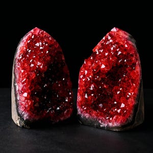 May include: Two geode bookends with a vibrant red crystal interior. The crystals sparkle with light, contrasting against the dark gray exterior and black background. These decorative bookends add a touch of natural beauty to any bookshelf.