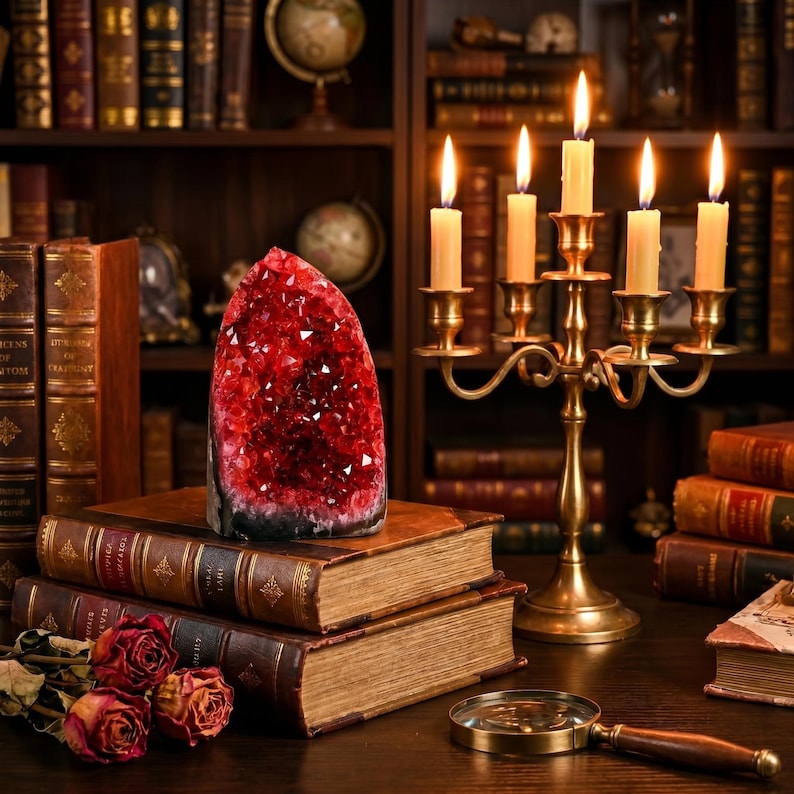 K&ouml;nnte beinhalten: Ein gro&szlig;er, roter Kristall-Geode liegt auf einem Stapel antiker B&uuml;cher. Ein Messing-Leuchter mit f&uuml;nf brennenden Kerzen steht hinter dem Kristall. Getrocknete Rosen und eine Lupe vervollst&auml;ndigen die Vintage-&Auml;sthetik.