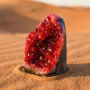 K&ouml;nnte beinhalten: Eine rohe, rote Kristallgeode mit dunkelgrauer Au&szlig;enseite liegt auf Sand. Das Innere der Geode ist mit funkelnden, kleinen, roten Kristallen gef&uuml;llt. Das Bild ist vor einem verschwommenen, sandigen Hintergrund aufgenommen.
