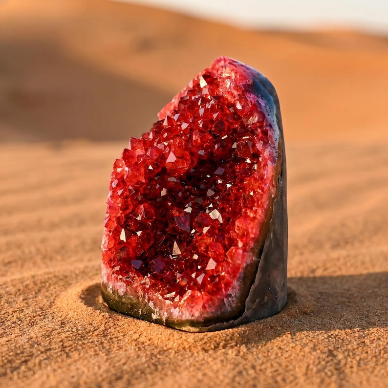 K&ouml;nnte beinhalten: Eine rohe, rote Kristallgeode mit dunkelgrauer Au&szlig;enseite liegt auf Sand. Das Innere der Geode ist mit funkelnden, kleinen, roten Kristallen gef&uuml;llt. Das Bild ist vor einem verschwommenen, sandigen Hintergrund aufgenommen.