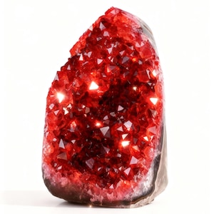 May include: A large, red crystal geode with sparkling, faceted surfaces. The geode is a deep red color, with a dark, rough exterior. The crystal formation is the focal point, catching the light and creating a dazzling display. This decorative piece is ideal for home decor.