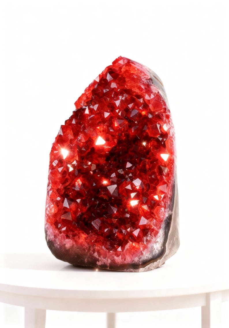 May include: A large, red crystal geode with sparkling, faceted surfaces. The geode is a deep red colour, with a dark, rough exterior. The crystal formation is the focal point, catching the light and creating a dazzling display. This decorative piece is ideal for home decor.