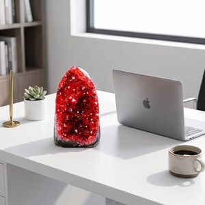 K&ouml;nnte beinhalten: Eine gro&szlig;e, rote Kristallgeode steht auf einem wei&szlig;en Schreibtisch. Die Geode hat eine tiefrote Farbe mit vielen Kristallformationen. Ein silberner Laptop, eine kleine Sukkulente in einem wei&szlig;en Topf und eine Kaffeetasse befinden sich ebenfalls auf dem Schreibtisch.