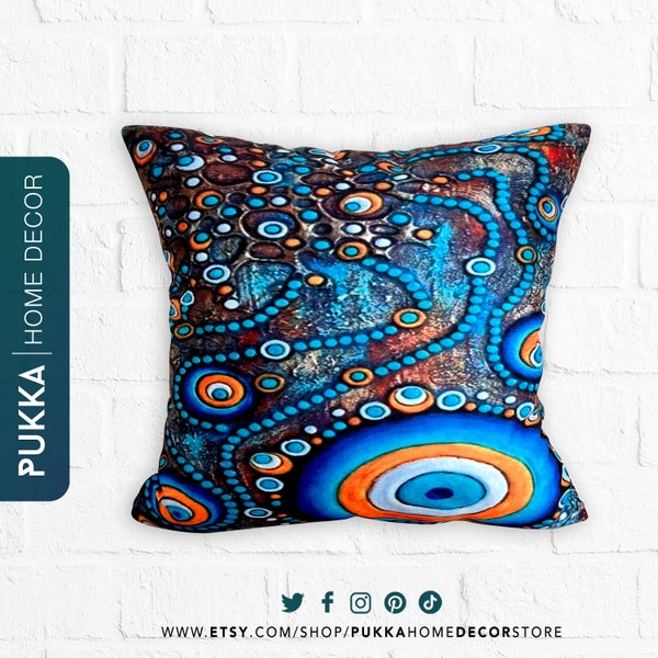 Evil Eye Pillow Cover, Blue Evil Eye Cushion Case, Good Luck Home Decor, Nazar Boncuk Boho Pillow Case - PHD0012