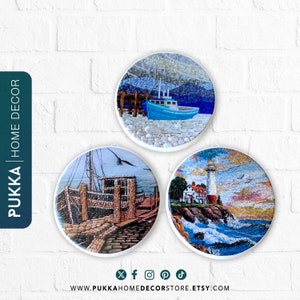 Juego de 3 platos decorativos de pared con forma de faro, plato de cerámica para pared, arte de cerámica para pared, adorno de cerámica para pared con forma de barco, decoración para colgar en la pared - PHD0059