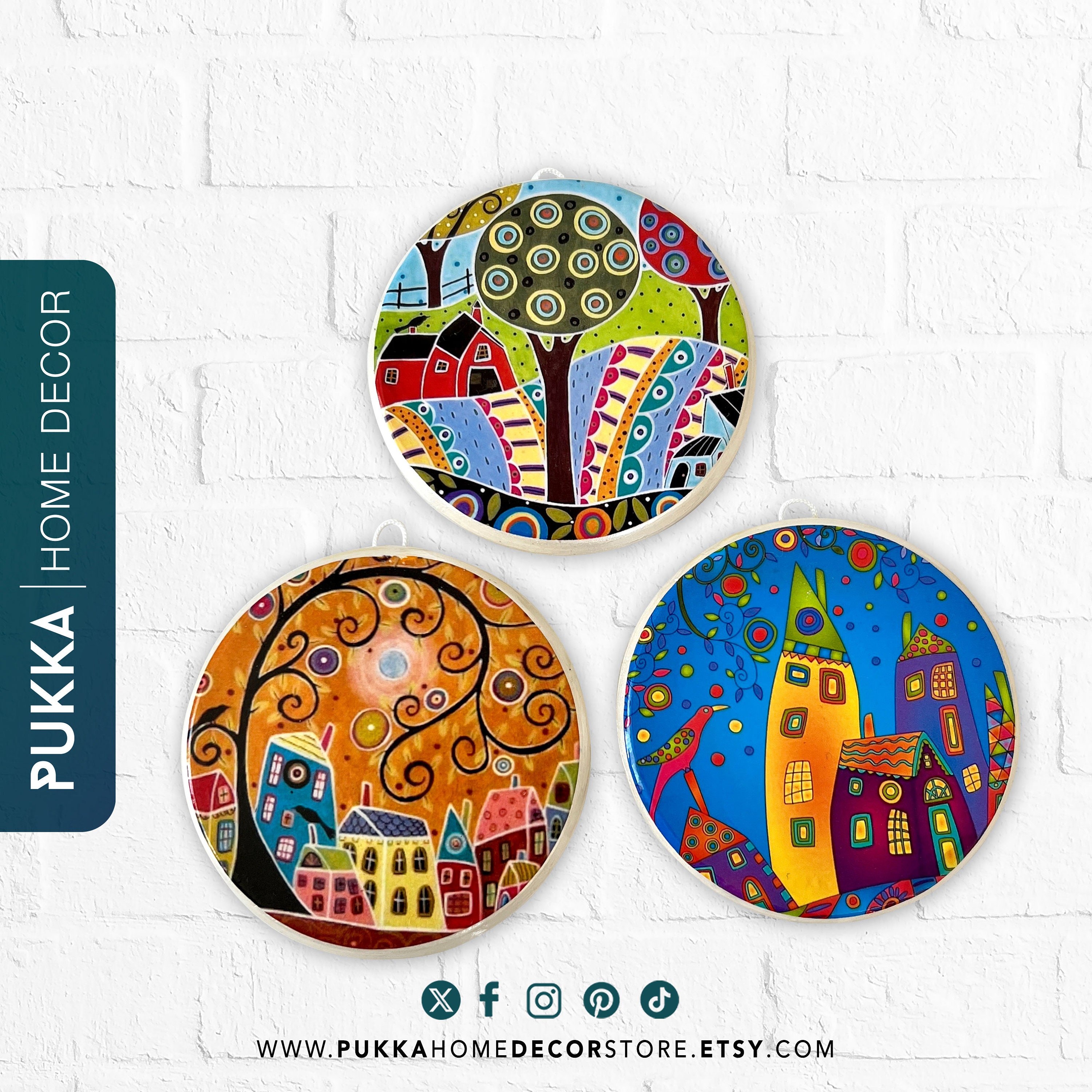 Flower Decorative Plates Set of 3, Vintage Wall Ceramic Plate Decorative, Hanging Plate, Ceramic Wall Art Kitchen Decor - PHD0047