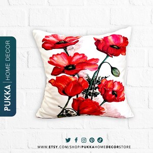 Poppies Throw Pillow Cover, Decorative Square Pillow Case, Floral Home Decor, Red Cushion Cover, Any Custom Size Throw Pillow- PHD0098