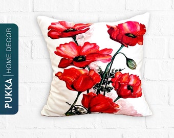 Funda de cojín de amapolas, cuadrada y decorativa, decoración floral para el hogar, funda de cojín roja, personalizable - PHD0098