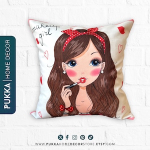 Funda de almohada de niña amante del maquillaje, funda de almohada femenina animada, funda de cojín de niña, decoración de almohada de tiro de dormitorio, almohada con estampado lindo - PHD0219