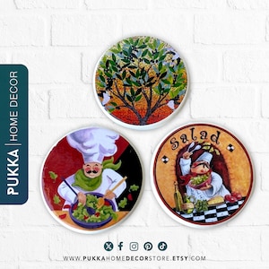 Kitchen Decorative Plates Set of 3, Salad Ceramic Wall Plate, Chef Ceramic Wall Art, Ceramic Kitchen Decor, Hanging Plate - PHD0055