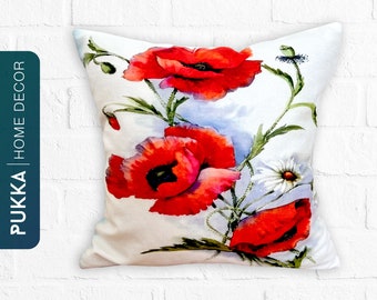 Funda de cojín con diseño de amapolas rojas, decoración de flores de jardín, funda de cojín roja, decoración rústica para inauguración de la casa, cojín decorativo - PHD0163
