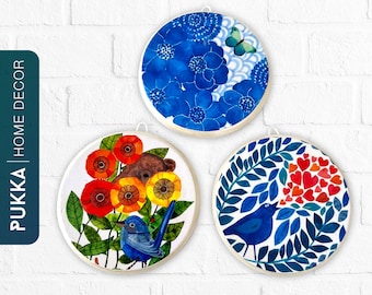 Bird Ceramic Wall Plate Set of 3, Flowers Ceramic Wall Art, Spring Decorative Plates, Wall Hanging, Ceramic Wall Ornament - PHD0172