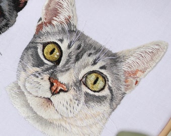 Custom Pet Portrait Embroidery: Hand-Stitched Cat or Dog Memorial portrait from photo