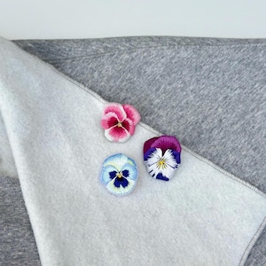 Hand Embroidered Pansy Brooch: Cotton & Leather Flower Pin