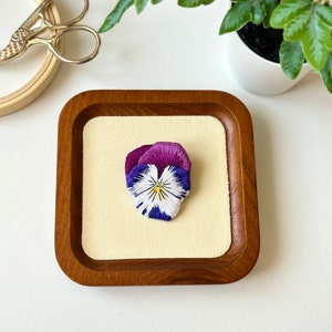Hand Embroidered Pansy Brooch: flower modern hand stitched Pin