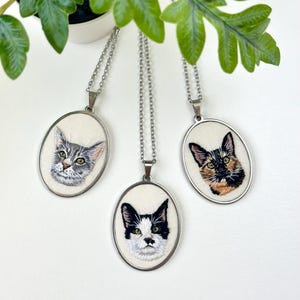 Embroidered Pet Portrait Pendant: Custom hand stitched Memorial Jewelry from photo