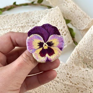 Hand Embroidered Pansy Brooch: Cotton & Leather Flower Pin