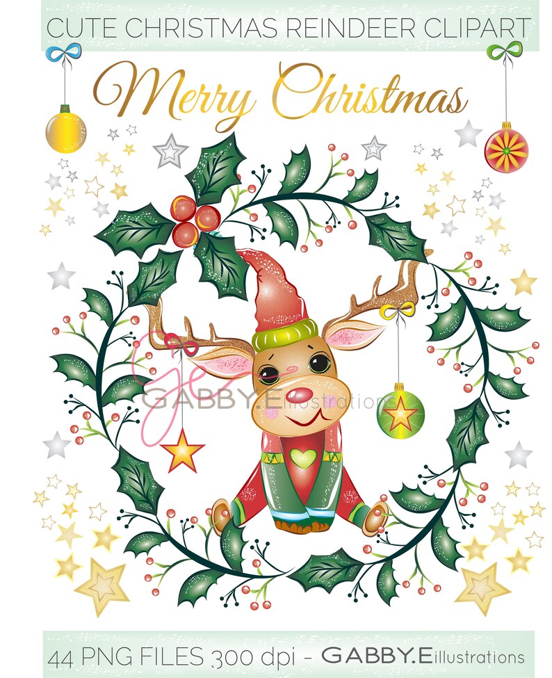 Cute Christmas Reindeer ClipartDigital downloadMistletoeDecorationsSanta/'s helpersgiftsSleigh rideFestive seasonHoliday art