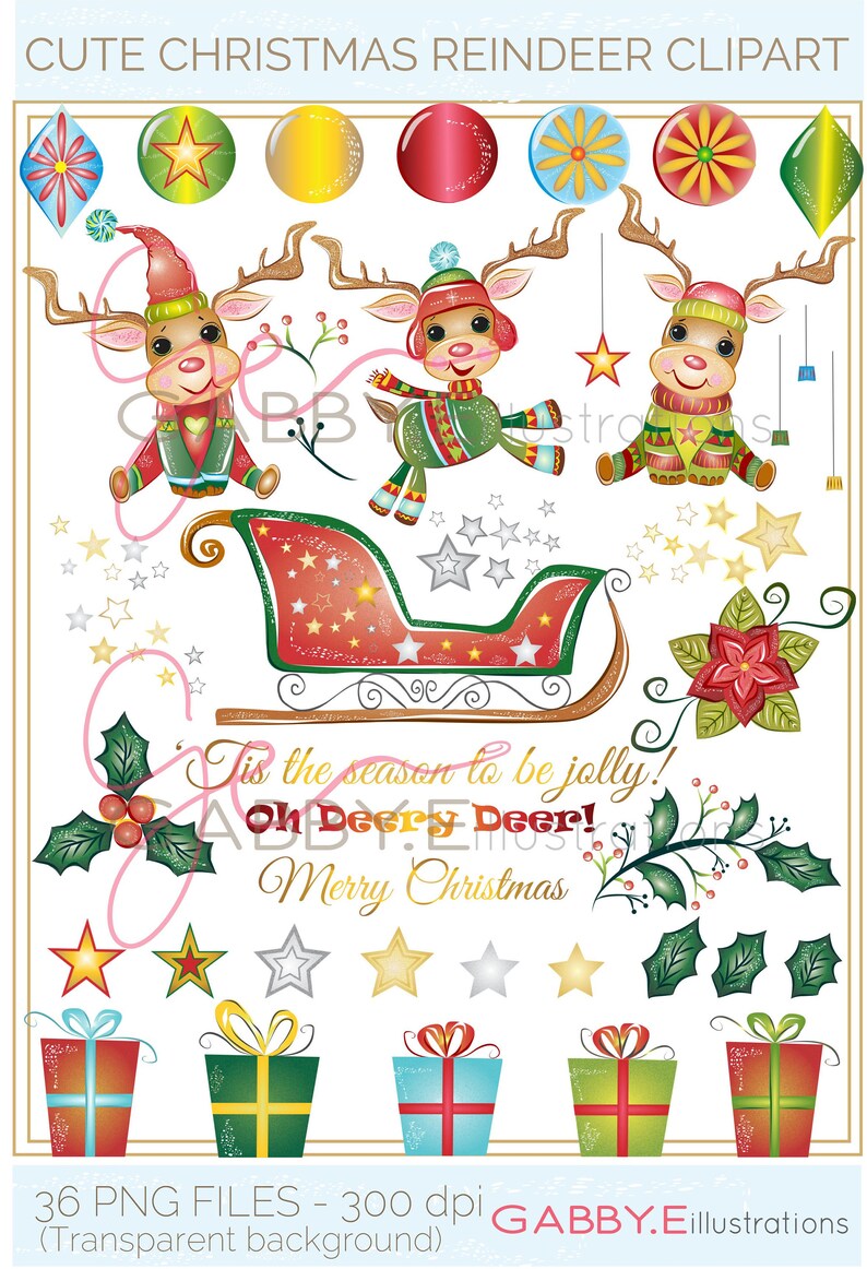 Cute Christmas Reindeer ClipartDigital downloadMistletoeDecorationsSanta/'s helpersgiftsSleigh rideFestive seasonHoliday art