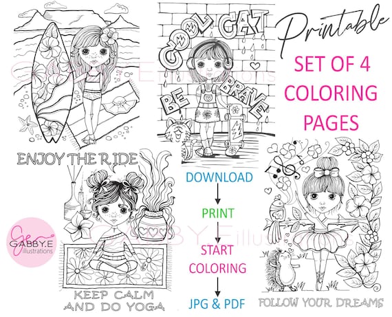 Set of 4 Printable Coloring Pages/digital Downloads/printables for  Kids/inspirational Quotes/girls Gift Idea/active Girls Coloring Pages 