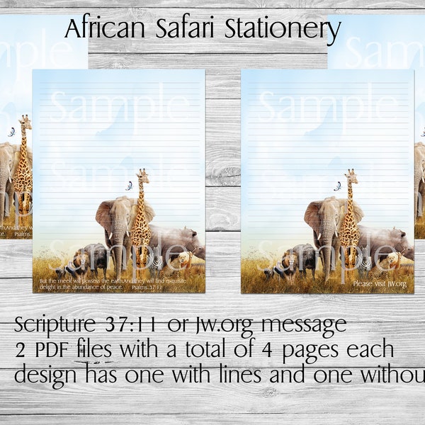 JW Letter Writing | African Safari Animals | JW Writing paper | JW Letter Paper | Digital Download | Scripture Stationery | Psalms 37:11