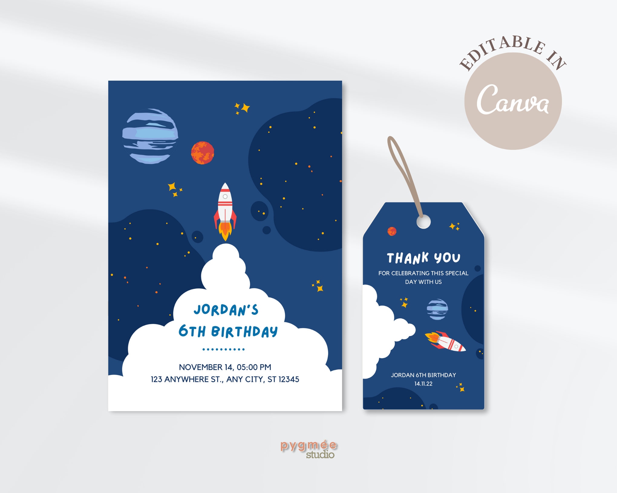 Rocket Inviation Space Rocket Invitation With Thank You Tag Template | Editable Custom ...