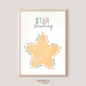 May include: A printable poster featuring a yellow star shape with the words "STAR Breathing" in colourful text. The star is divided into sections with the words "Breathe In", "Breathe Out", and "Hold" written in a circle around the star.