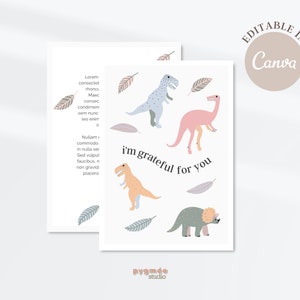 Modello di biglietto d'auguri colorato con dinosauro / Biglietto di affermazione / Modello Canva stampabile personalizzato modificabile / Modello di invito 5 x 7