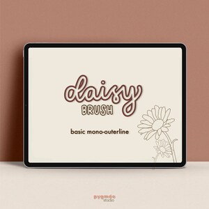 May include: A digital illustration of a daisy flower with the text "daisy brush basic mono-outline" on a beige background.