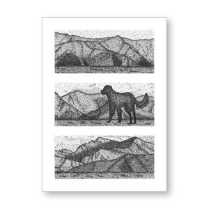 Bergpanorama mit Hund Grußkarte, Anchorage, Alaska, handgezeichneter Kunstdruck