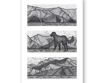 Mountain Panorama with Dog Note Card, Anchorage, Alaska, Hand-drawn Art Print