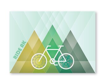 Geometric Mountains & Bike Note Card, Ride AK, Alaska, Graphic Art Print