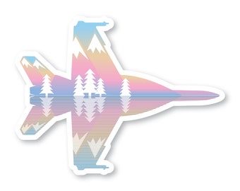 F-18 Sticker, Alpenglow Mountains & Trees, F18 Hornet, Fighter Jet