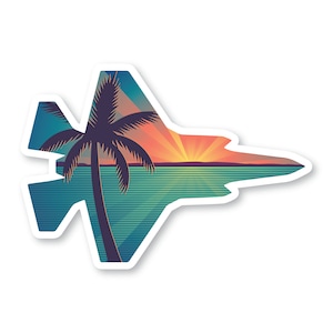Sticker F-35, plage et palmier, F35 Lightning, avion de chasse