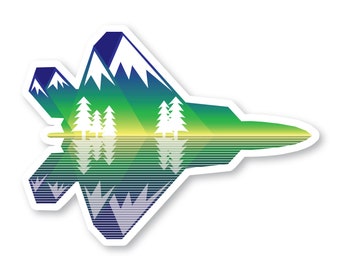 F-22 Sticker, Blue Mountains & Trees, F22 Raptor, Fighter Jet