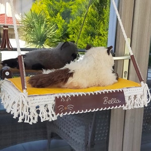 Personalized Leather Macrame Cat Window Perch: Handmade Hanging Cat Bed