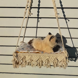 Handmade Macrame Cat Hammock, Hanging Rectangle Cat Bed with Cotton Mat