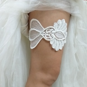 White Bridal Lace Garter For Wedding, Bridal Accessories Garter,  Handmade Beaded Embroidered Garter, Bride Garter Belt,