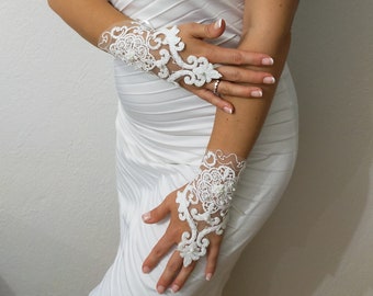 Guantes de novia sin dedos de encaje hechos a mano