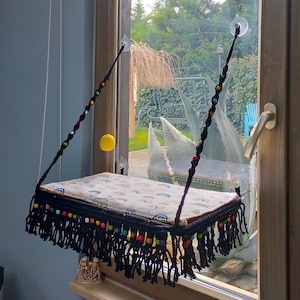 Handmade Macrame Cat Window Hammock: Black Cat Perch with Suction Cups