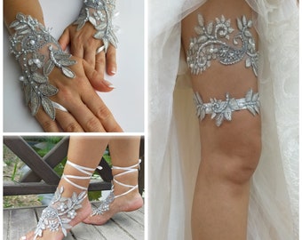 Bridal Set, Silvery Grey Lace Gloves, Barefoot Sandals Garter With Leaf and Flowers, Wedding Set, Bride Lae Set