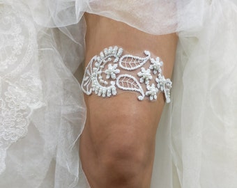 Garter de mariée en dentelle, jarretière de mariage blanche, lingerie de mariage, jarretière de mariée pour le mariage, perles de jarretière faite à la main, accessoires de mariée