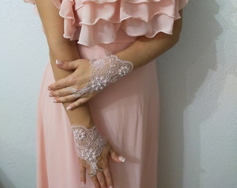 Handmade Pink Lace Fingerless Gloves, Pearl Beaded Bridal Accessories