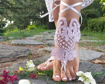 Handmade Pink Lace Barefoot Sandals: Beaded Pearl Wedding Anklets